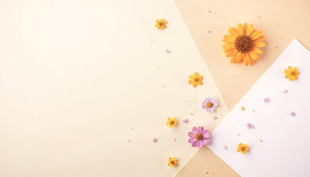 Flowers composition. Flowers on pastel background. Flat lay, top view, copy spaceの素材