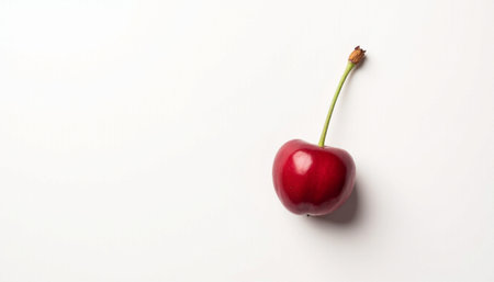 Red cherry on a white background, top view, copy space.の素材
