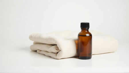 Essential oil in a glass bottle with a towel on a white backgroundの素材