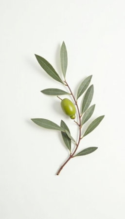 Olive branch with green olives on a white background. Top view.の素材