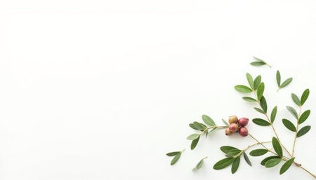 Cranberry leaves and berries on white background with copy space.の素材