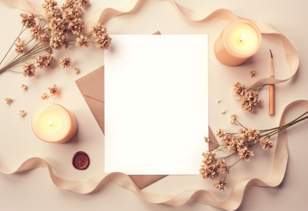 Flat lay composition with envelope, candles and flowers on light backgroundの素材