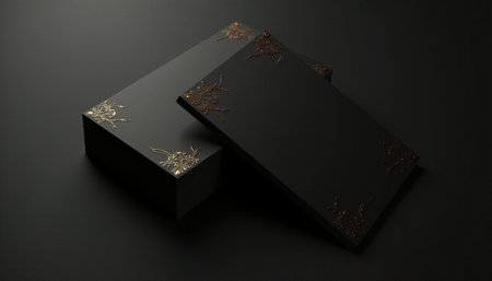Black gift box with gold ornaments on black background. 3d renderの素材