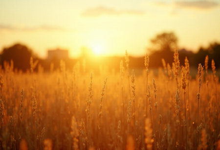 Wheat field at sunset. Beautiful nature scene with sunbeams.の素材
