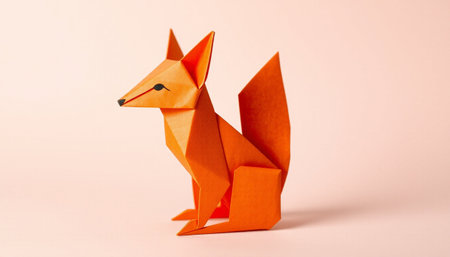 Paper origami fox isolated on pink background. Origami fox.の素材