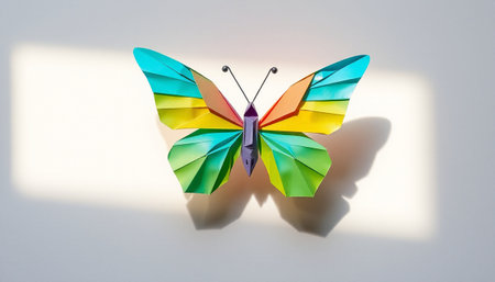 Colorful origami butterfly with shadow on white background, top viewの素材