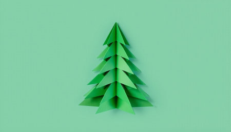 Paper origami Christmas tree isolated on green background. 3d illustrationの素材