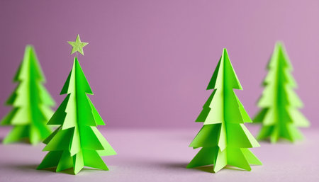 Paper Christmas trees on a purple background. Christmas and New Year concept.の素材