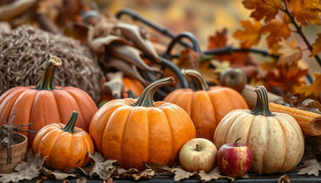 Halloween pumpkins and autumn leaves on rustic wooden background.の素材