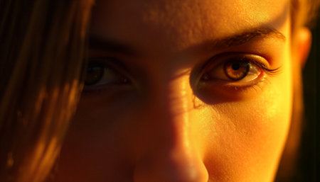 Close-up of a beautiful young woman's face in the sunlight.の素材