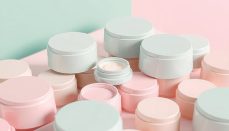 Cosmetic cream in a jar on a pink and blue background.の素材