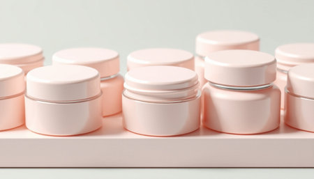 Cosmetic cream in pink plastic containers on white background. Beauty conceptの素材