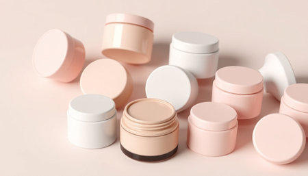 Cosmetic containers on light background, closeup. Skin care productsの素材