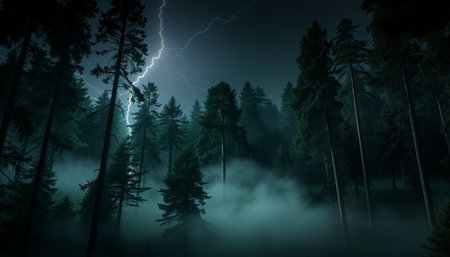 Foggy forest at night with lightning in the sky. 3d renderingの素材