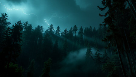 Storm in the forest with fog and lightning. 3d rendering.の素材
