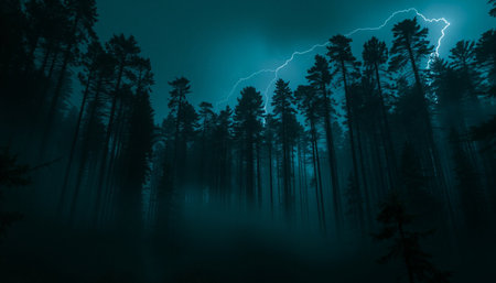 Foggy dark forest with lightning in the night. 3D renderingの素材