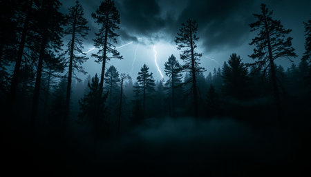 Foggy forest at night with lightning in the clouds. 3D renderingの素材