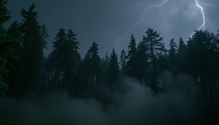 Foggy forest at night with lightning and clouds. 3d renderingの素材
