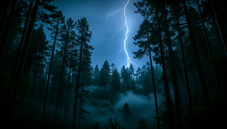 Lightning in the woods. Thunderstorm in the forest. Nature backgroundの素材