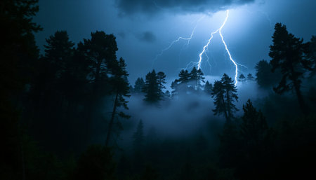 Lightning in the forest at night. Thunderstorm in the forestの素材