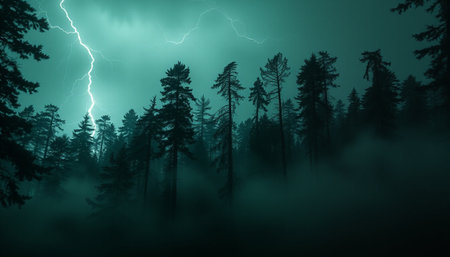 Foggy forest with lightning in the sky. Dark foggy forest backgroundの素材