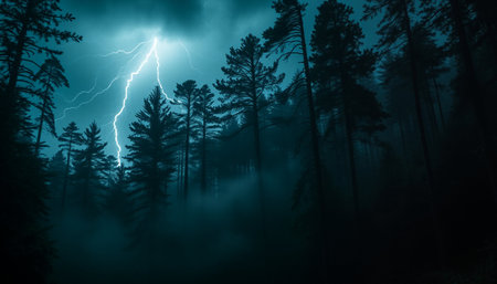 Foggy forest with lightning in the night. Dark forest backgroundの素材