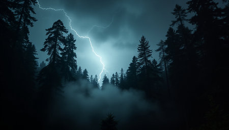 Foggy forest at night with lightning and trees in the foregroundの素材
