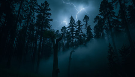Lightning strike in dark forest. Thunderstorm in the woods.の素材