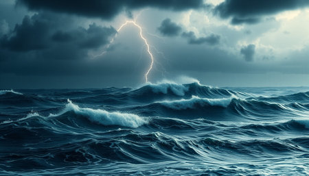 Stormy sea with lightning, 3d render, computer generated backgroundの素材