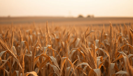 Close up of a corn field in the evening light with copy spaceの素材