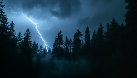 Lightning in the dark forest. Thunderstorm over the forest.の素材