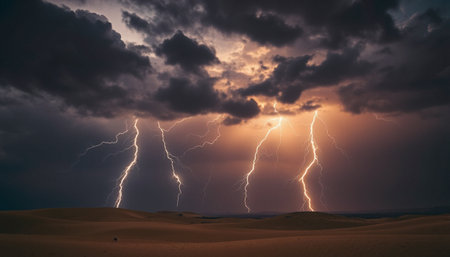Thunderstorm in the desert. Dramatic sky with lightning and sand dunesの素材