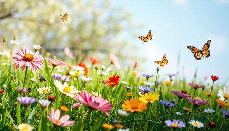 Spring meadow with colorful flowers and butterflies. Floral background.の素材