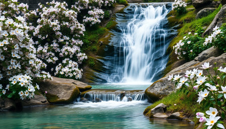 Waterfall in the garden with white flowers and green grass, Thailand.の素材