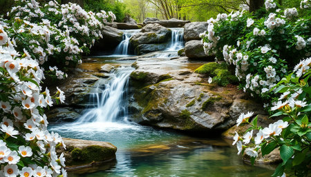 Waterfall with white flowers in the spring garden. Spring landscape.の素材