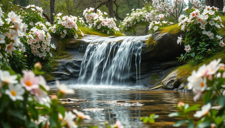 Waterfall in the garden with blooming peonies and stones.の素材