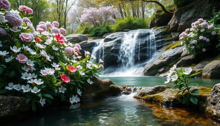 Waterfall in the park. Spring landscape with blooming flowers.の素材