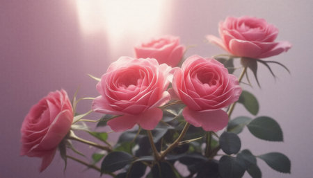 Pink roses in a vase on the windowsill, soft focusの素材