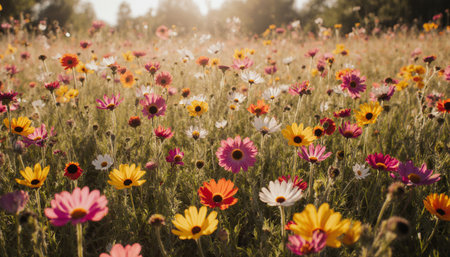 Colorful daisy flowers in the meadow, vintage color toneの素材