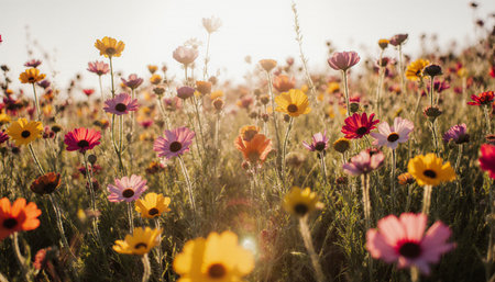 Colorful cosmos flowers in the field at sunset, vintage tone.の素材