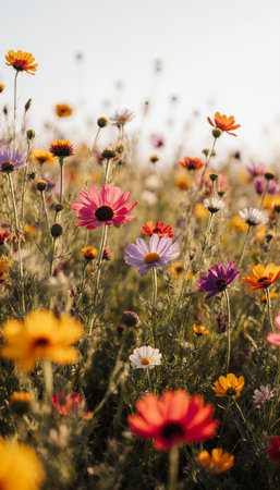 Colorful cosmos flowers blooming in the field, vintage style.の素材