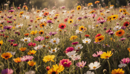 Colorful cosmos flowers blooming in the meadow, vintage toneの素材