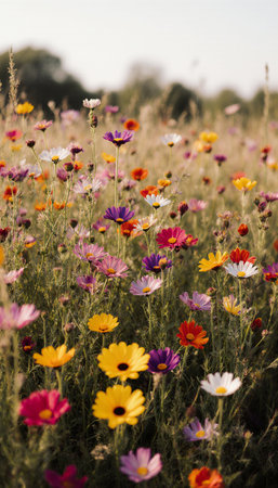 Colorful cosmos flowers blooming in the meadow. Selective focus.の素材