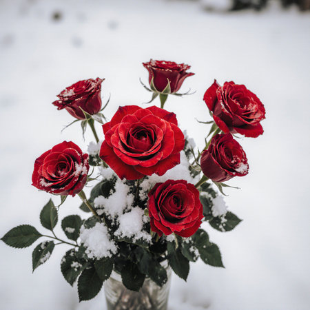 Red roses in a vase on a background of snow, winterの素材