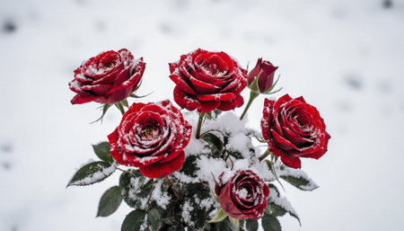 Beautiful red roses with snow in winter. Selective focus.の素材