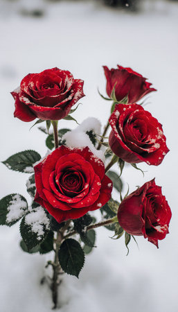 Beautiful red roses in the snow. Red roses in the snow.の素材