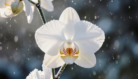 White orchid in the rain with drops of water on the petalsの素材