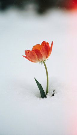 Tulip in the snow. Beautiful tulips in winter.の素材