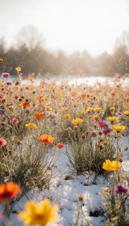 Beautiful colorful wildflowers in a field on a sunny winter dayの素材
