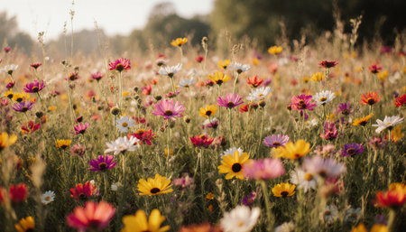 Colorful daisy flower field in the morning. Beautiful nature background.の素材
